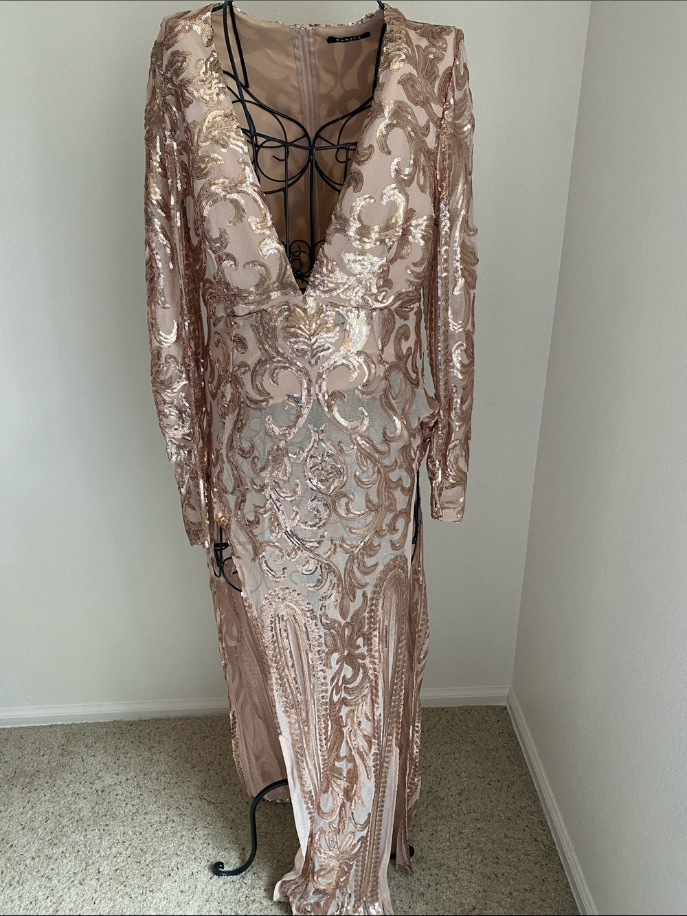 Banjul JH Rose Gold Sequin Long Sleeve V-Neck Evening Gown